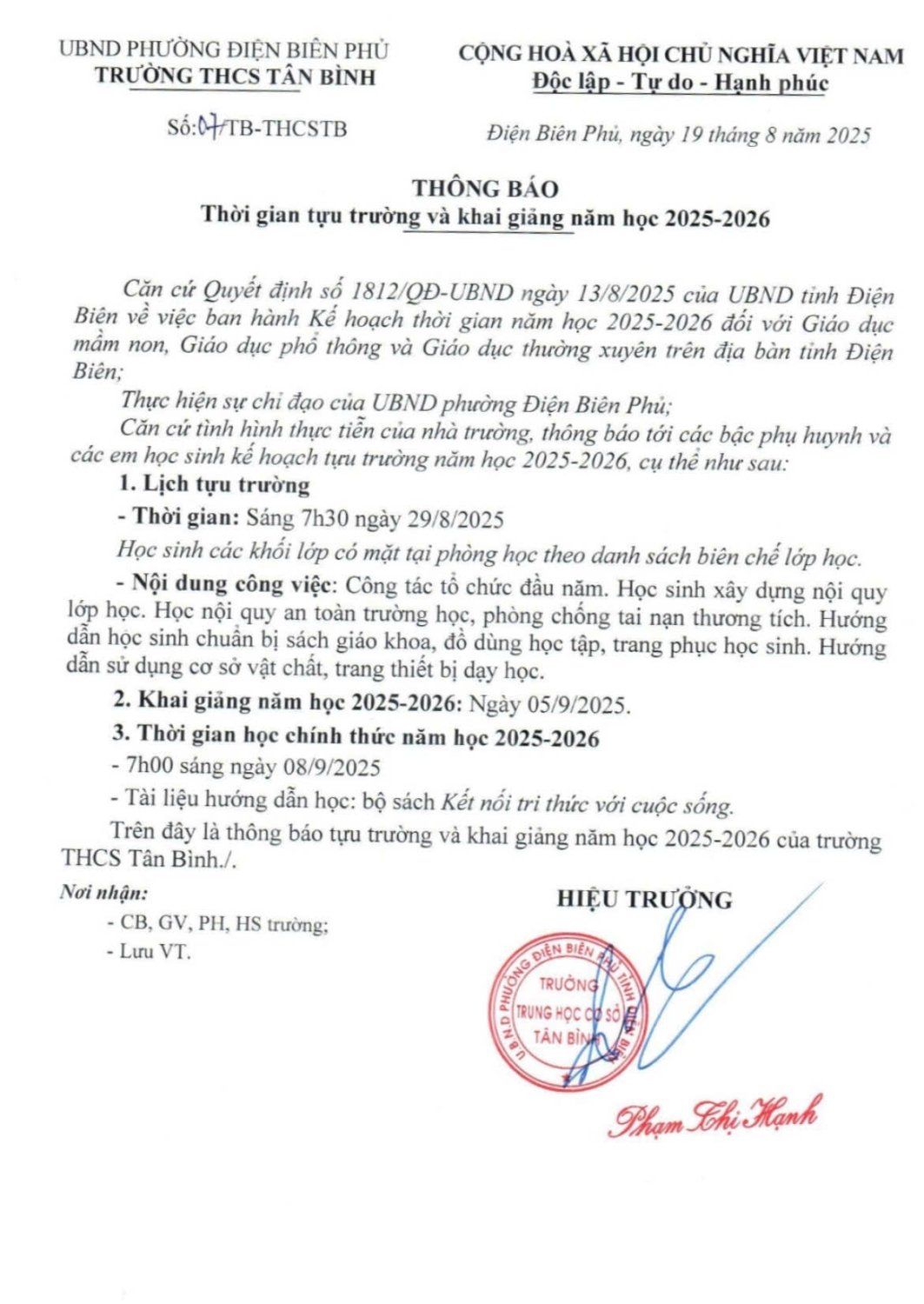 Thông báo tựu trường và khai giảng năm học 2025 -2026